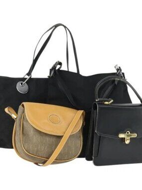 GUCCI GG Canvas Shoulder Bag Nylon Leather 4 Set Black Beige Auth 165149